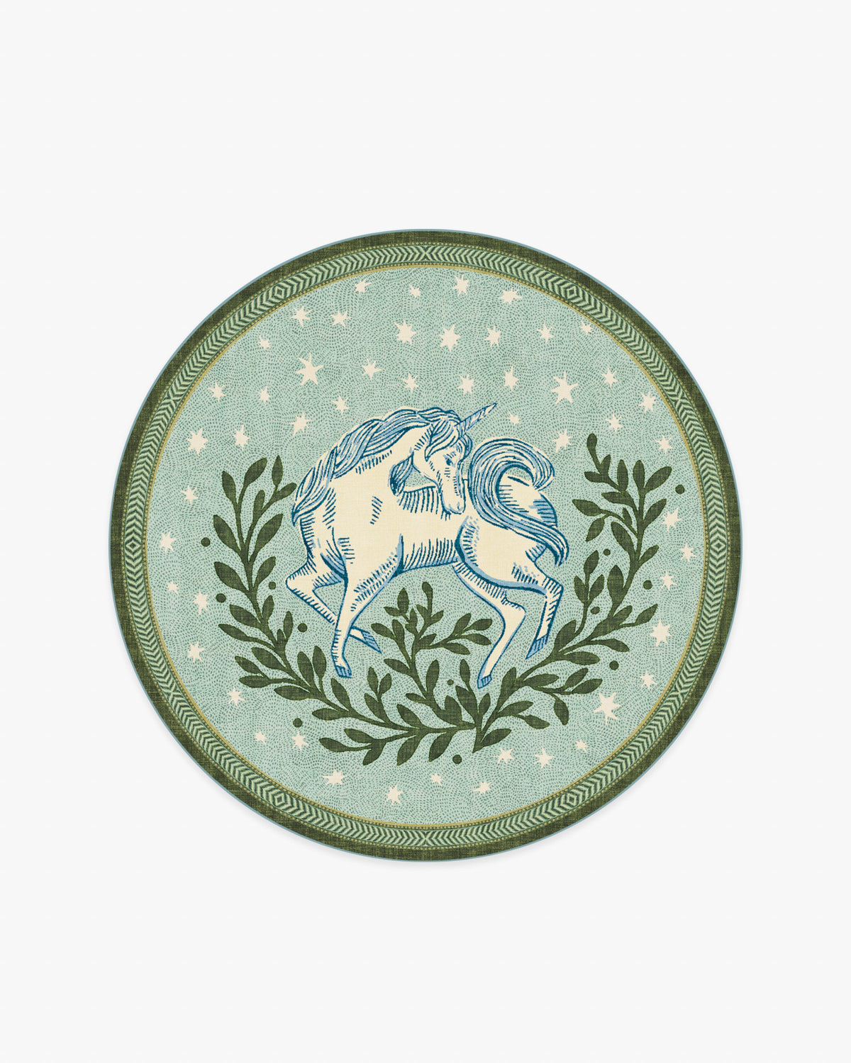 Woodland Wanderer Unicorn — Halı, Yeşil, ROUND, beyaz zemin, 6R
