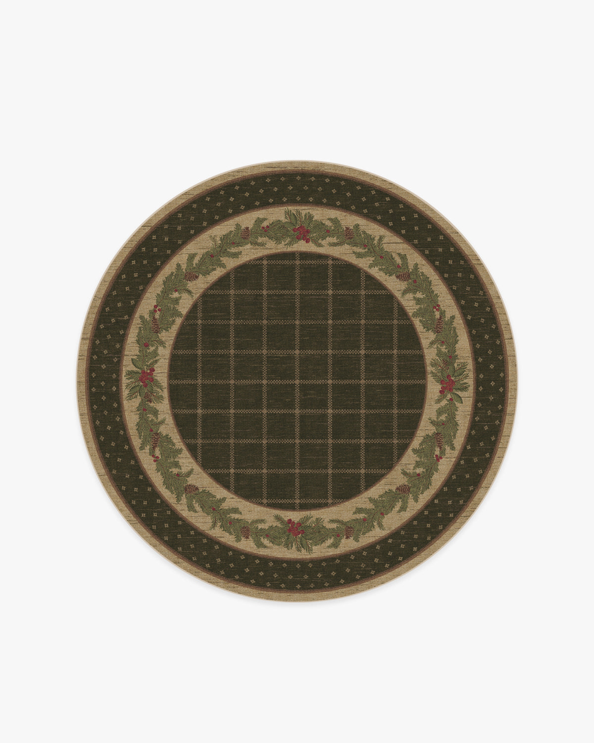 Pine Border — Halı, Koyu Zeytin, ROUND, beyaz zemin, 6R