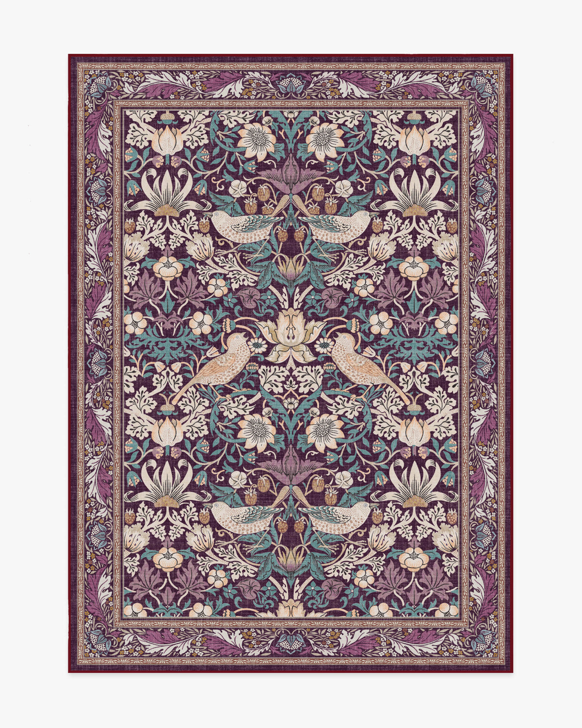 Morris And Co Strawberry Thief — Halı, Bordo, AREA, beyaz zemin, 5x7