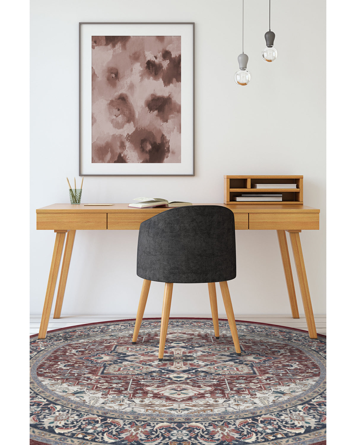 Hendesi Heriz — Halı, Bordeaux Kırmızı, ROUND, yaşam alanı, 8R