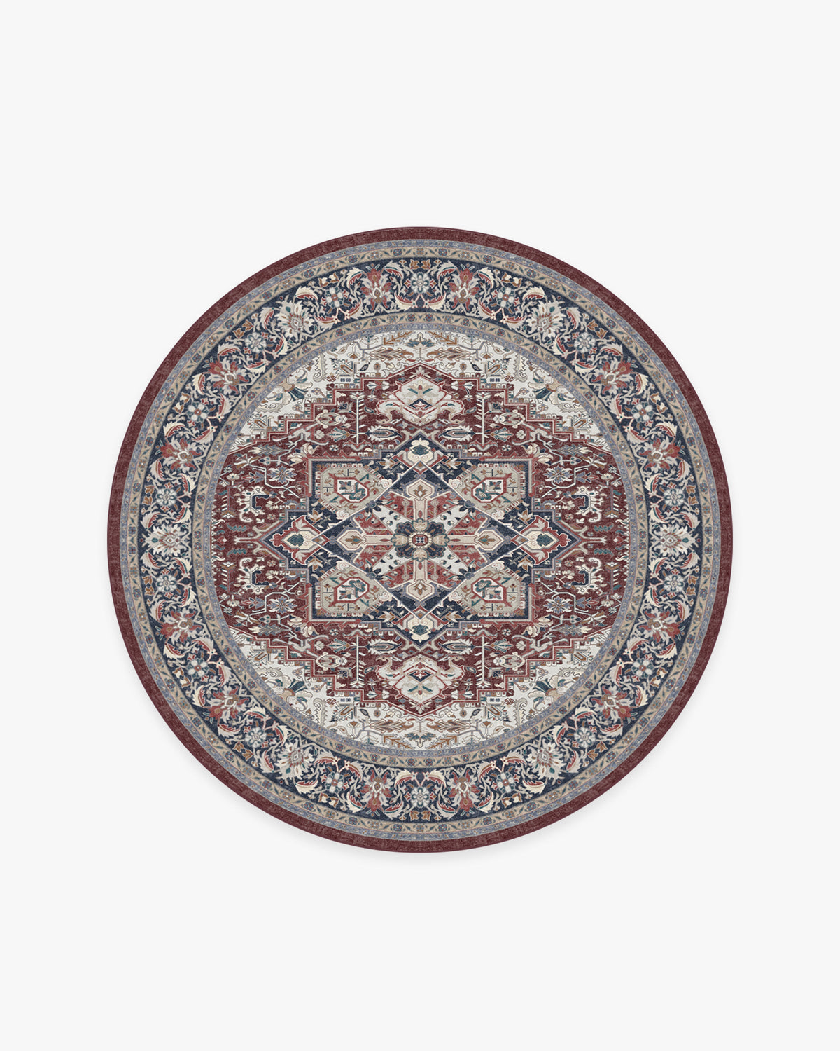 Hendesi Heriz — Halı, Bordeaux Kırmızı, ROUND, beyaz zemin, 6R