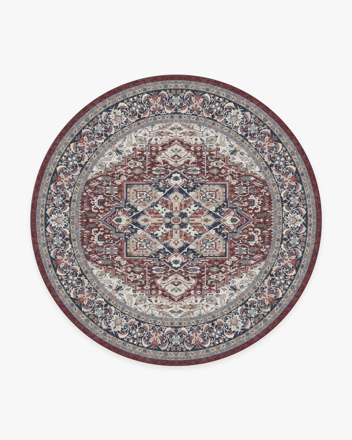 Hendesi Heriz — Halı, Bordeaux Kırmızı, ROUND, beyaz zemin, 8R