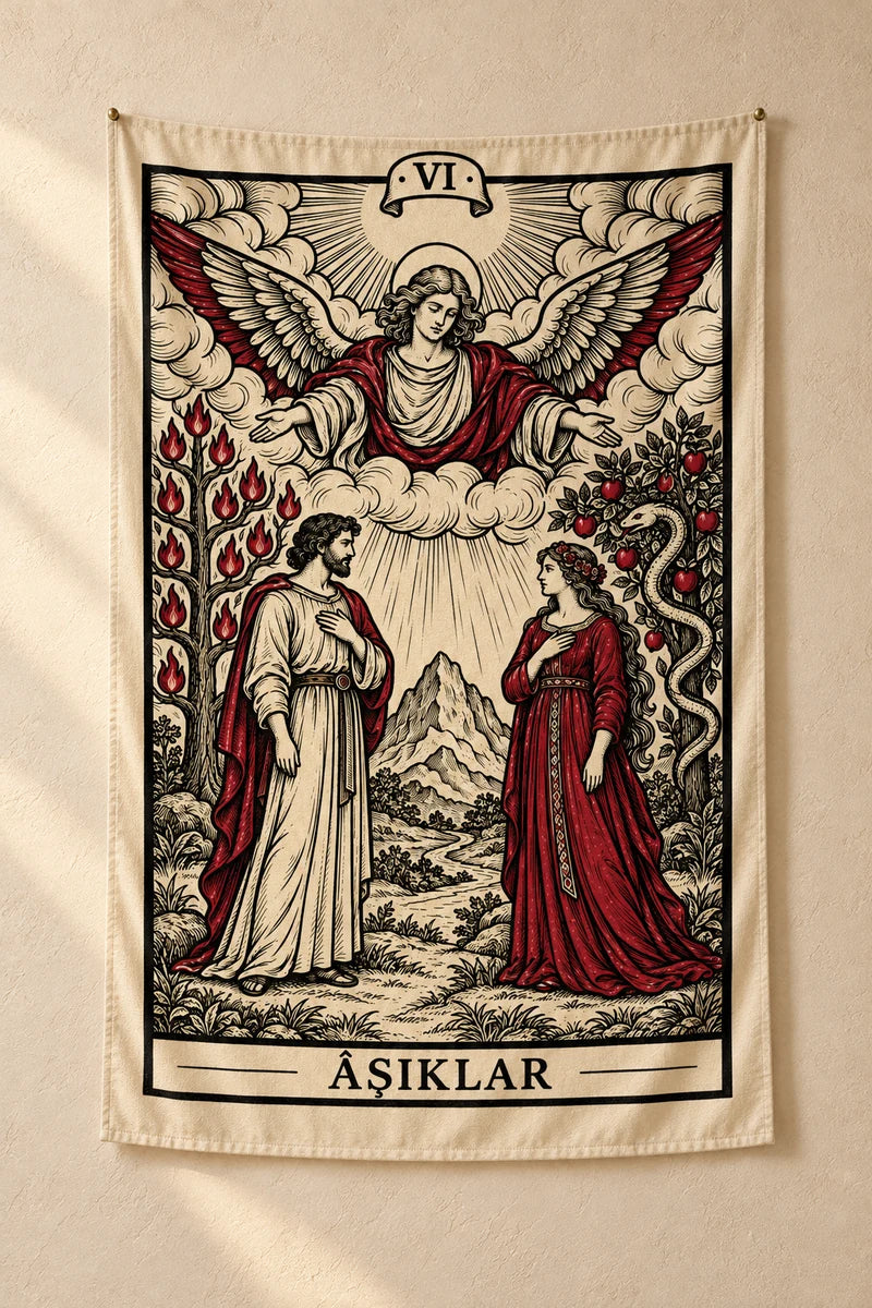 Âşıklar — dikey duvar örtüsü lifestyle görseli; kullanım örneği