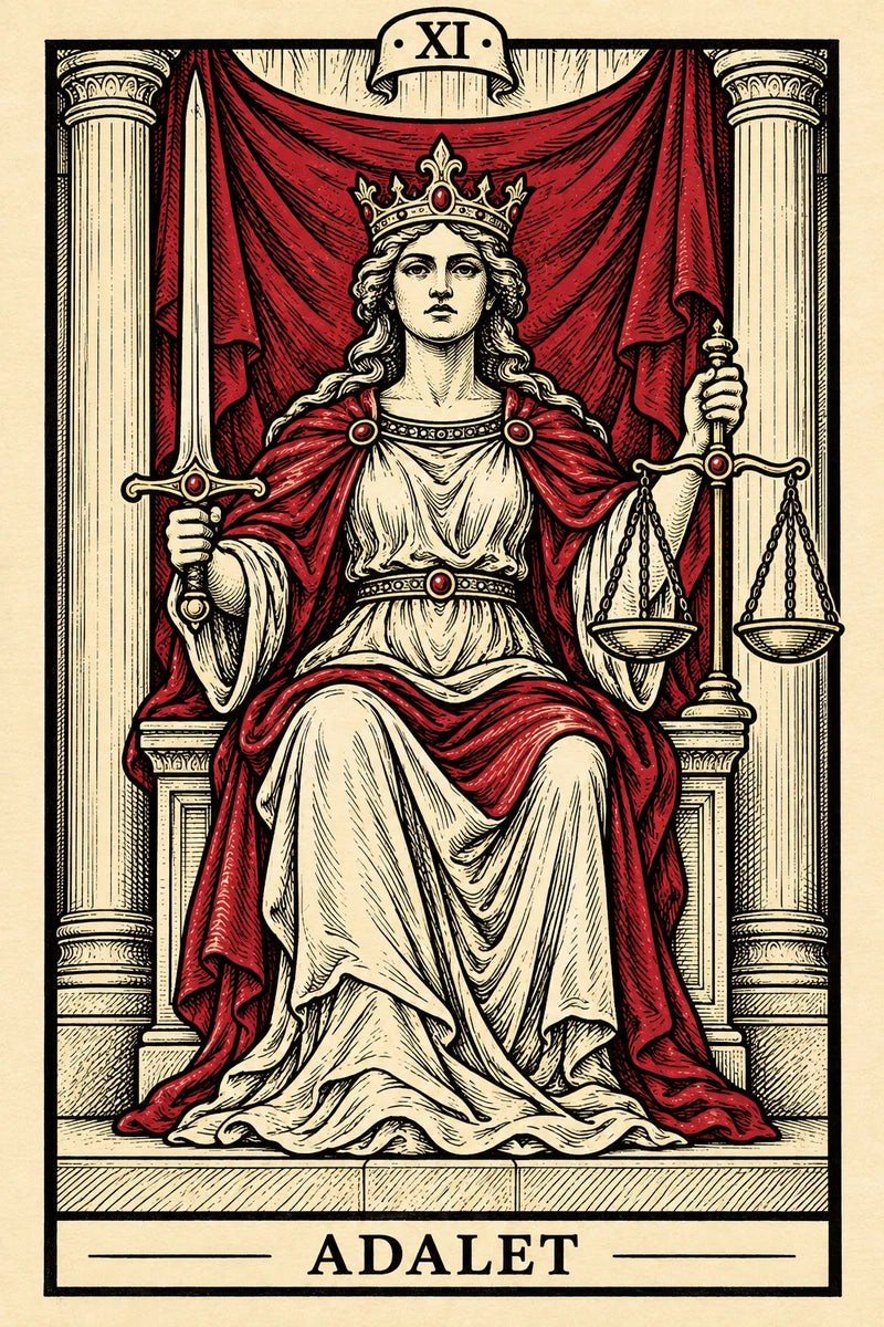 Adalet — dikey tarot tasarımı