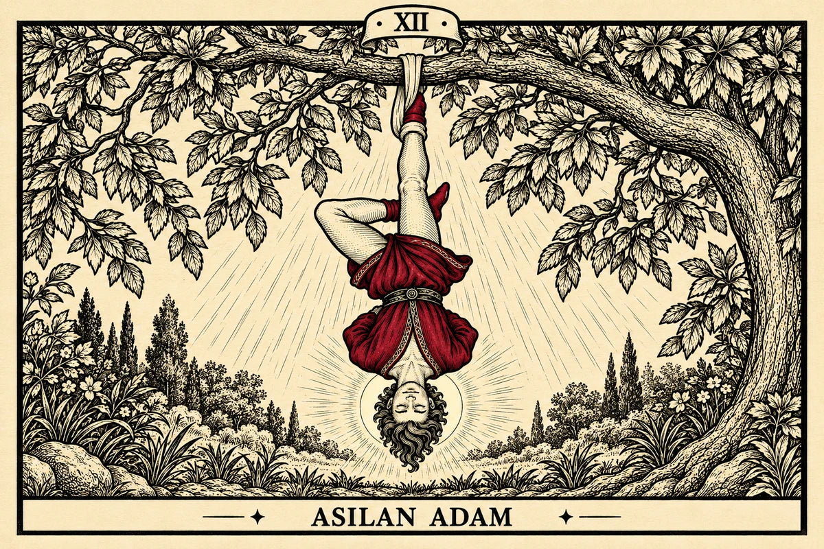 Asılan Adam — yatay tarot tasarımı