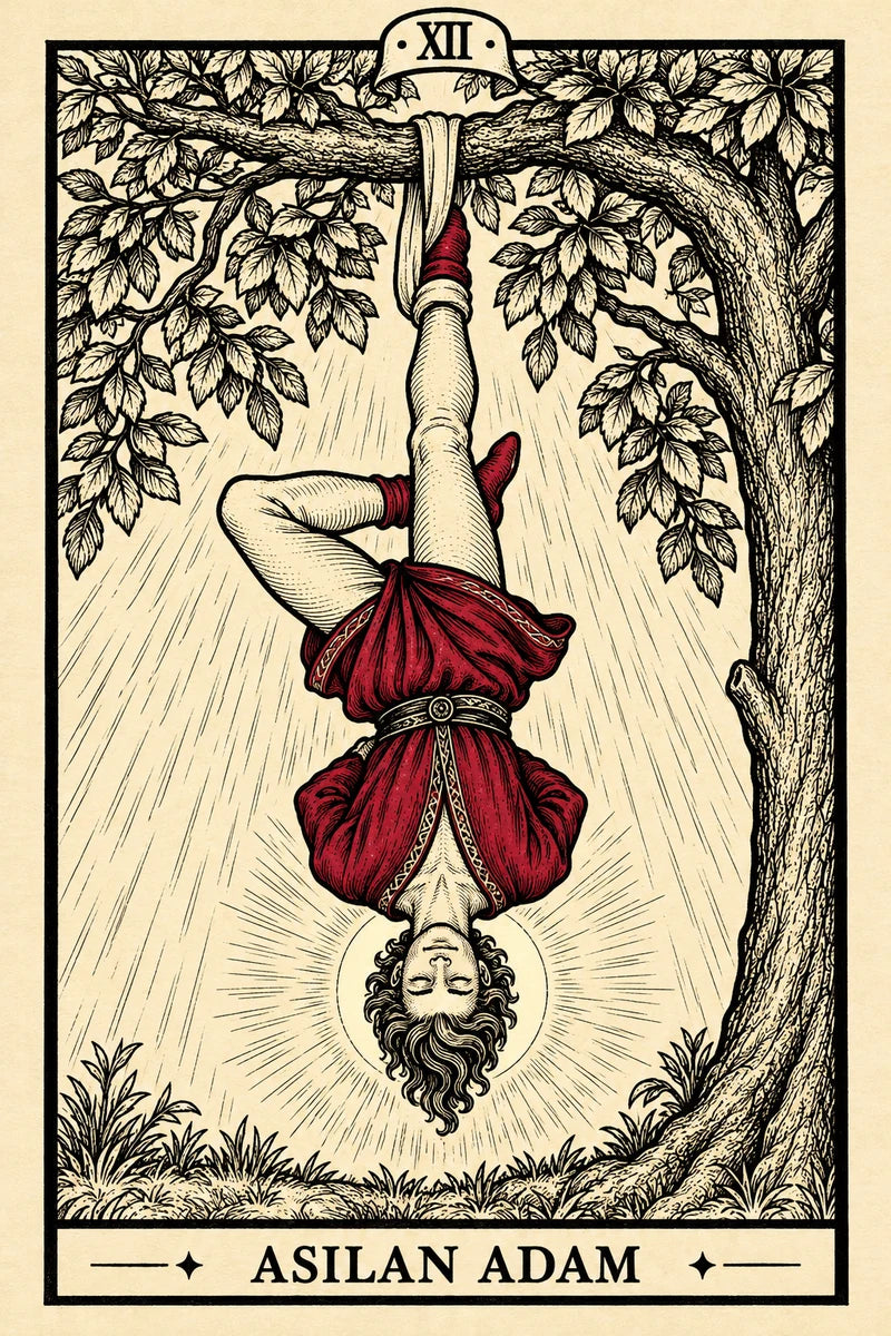 Asılan Adam — dikey tarot tasarımı