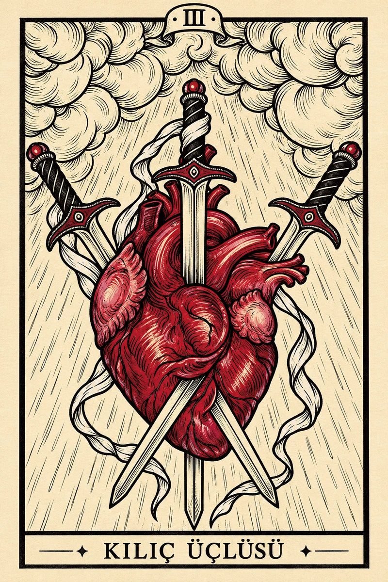 Kılıç Üçlüsü — dikey tarot tasarımı