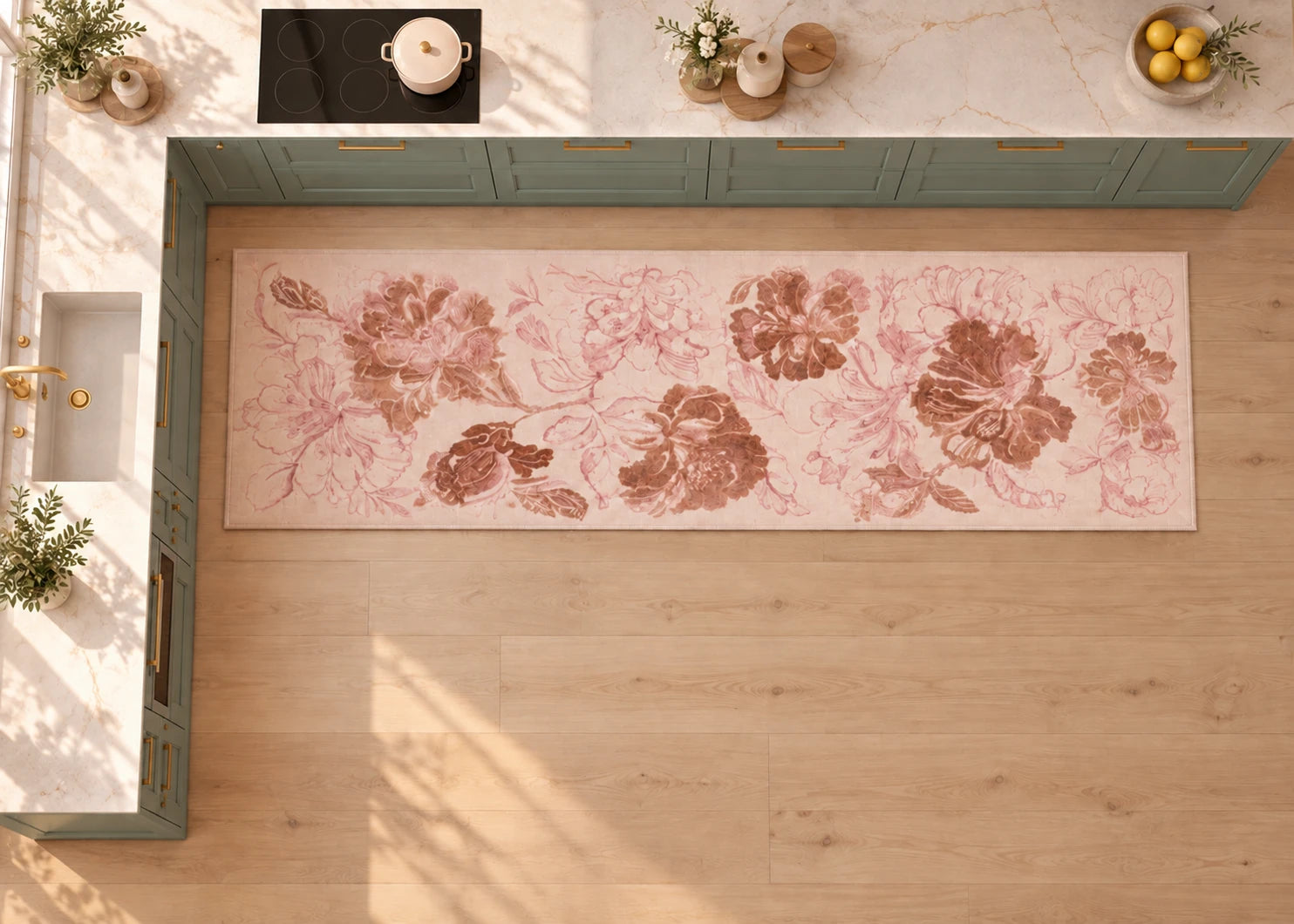 Mutfak için 2,5′ × 7′ yolluk halı yerleşimi, ≈ 76 × 213 cm. Kısa yolluk L biçimli tezgâhın uzun bölümünün önünde uzanır. Evye ve tezgâh çevresindeki geçiş çizgisini takip eder; dolapların altına girmez.