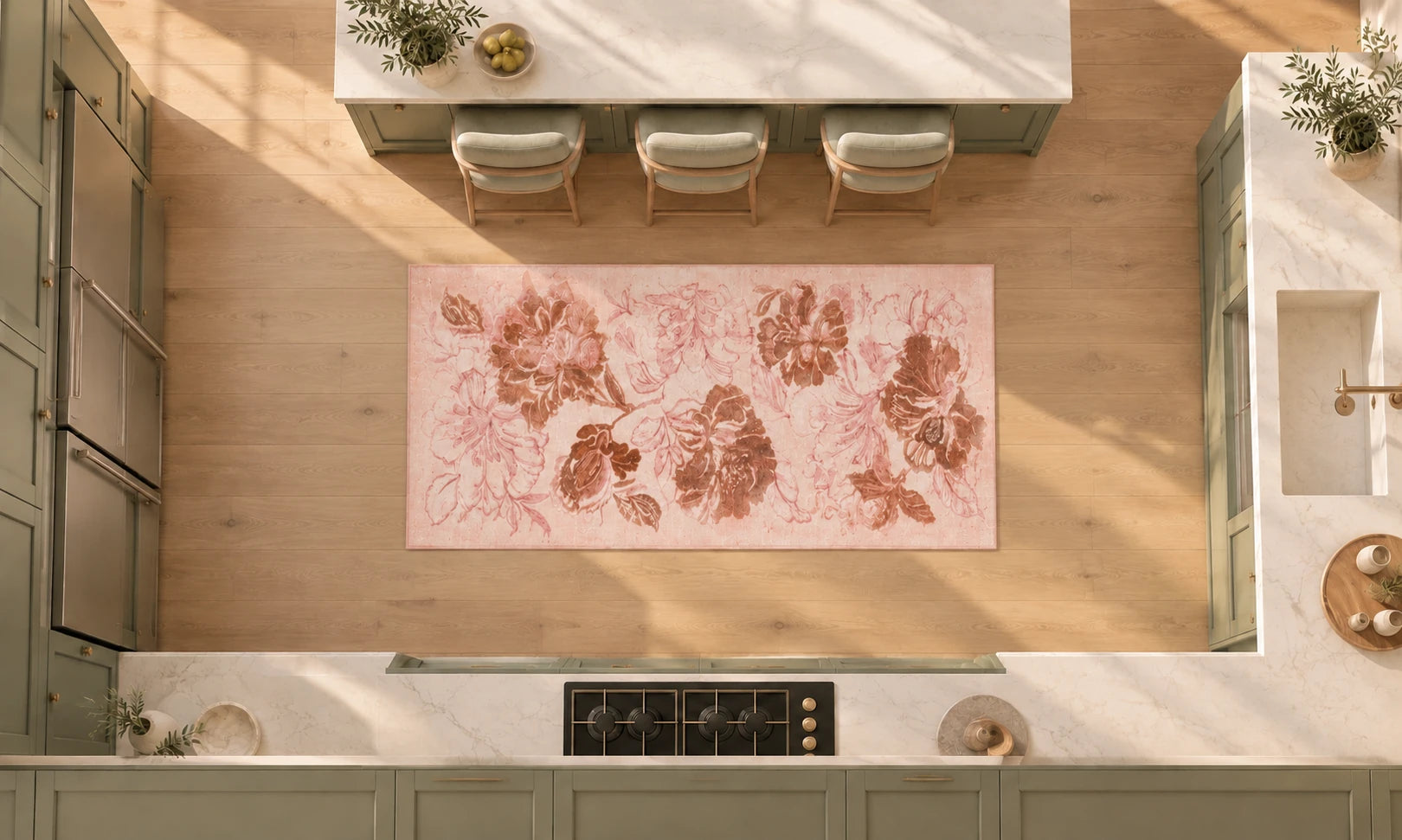 Mutfak için 3′ × 5′ halı yerleşimi, ≈ 91 × 152 cm. Kompakt dikdörtgen halı U biçimli çalışma alanının merkezindedir. Üstteki tabureler, tezgâhlar ve evye çevresinde zemin görünür; bu ölçü yolluktan daha dolgun bir alan oluşturur.
