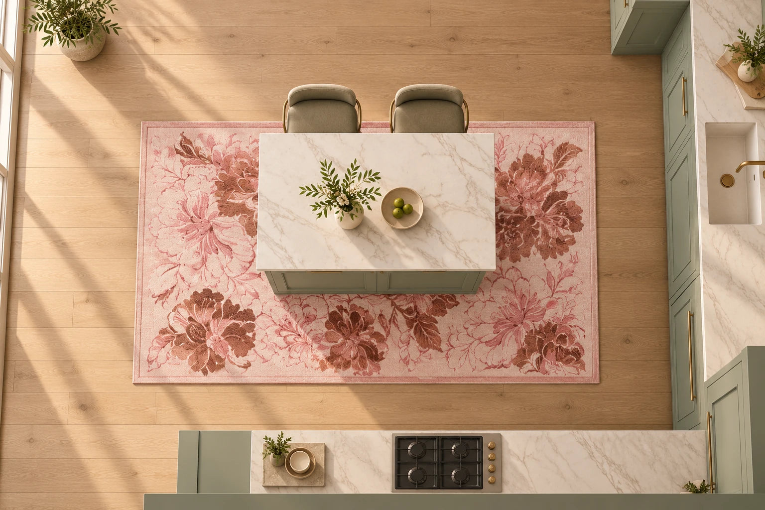 Mutfak için 4′ × 6′ halı yerleşimi, ≈ 122 × 183 cm. Daha geniş halı mutfak adasının altına uzanır. Ada ve oturma noktaları aynı yüzey üzerinde birleşirken, çevredeki tezgâhlara uzanan geçiş alanı açık kalır.