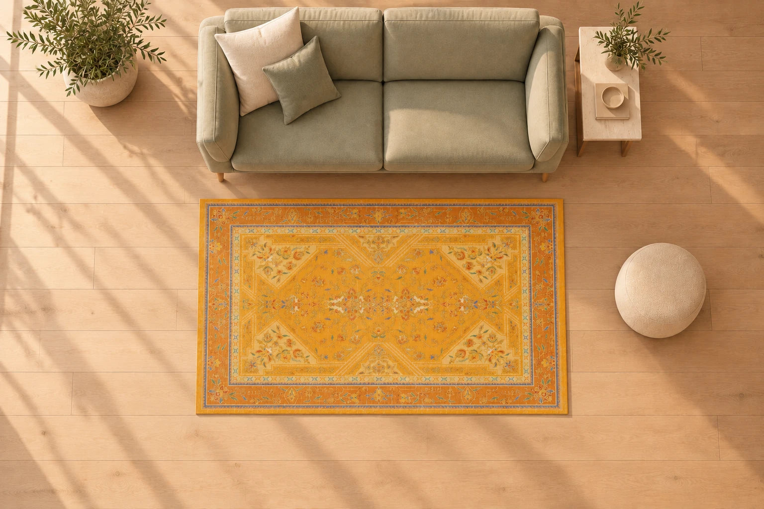 Oturma odası için 4′ × 6′ halı yerleşimi, ≈ 122 × 183 cm. Küçük halı koltuğun önünde bağımsız bir yüzey oluşturur. Koltuk ile halı arasında zemin görünür; yan sehpa ve puf halının yanında kalır. Ortada büyük bir sehpa bulunmaz.