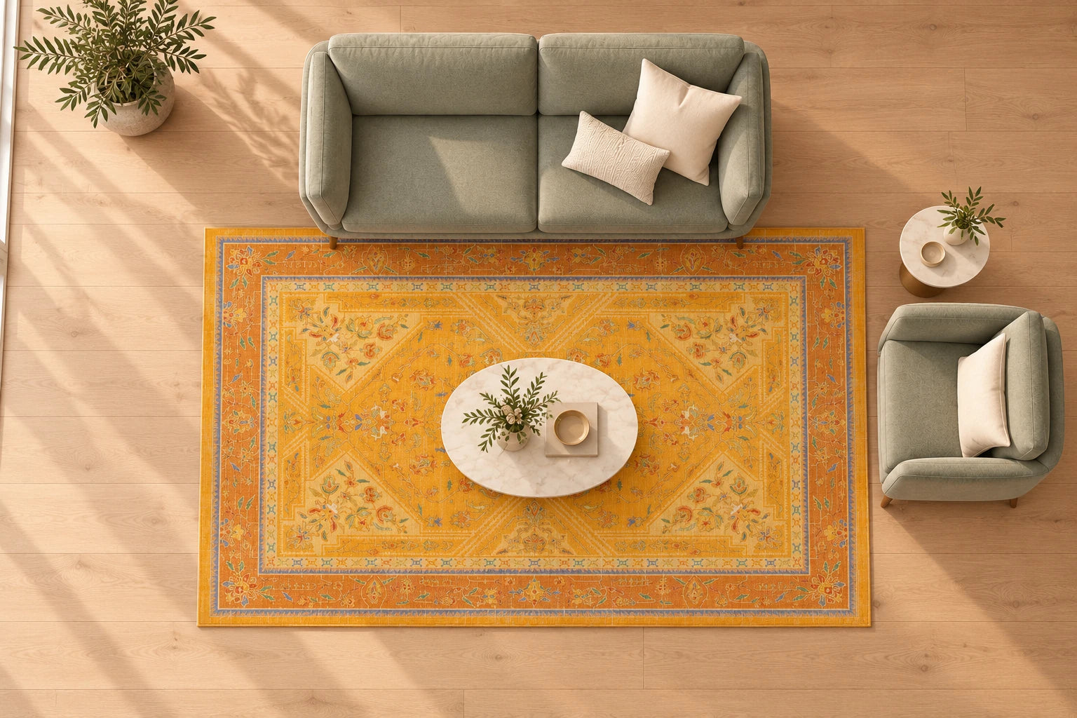 Oturma odası için 5′ × 7′ halı yerleşimi, ≈ 152 × 213 cm. Halı ikili koltuğun önündeki sehpa alanını tanımlar. Oval sehpa halının üzerinde, sağdaki tekli koltuk ve küçük yan sehpa halının dışında kalır.