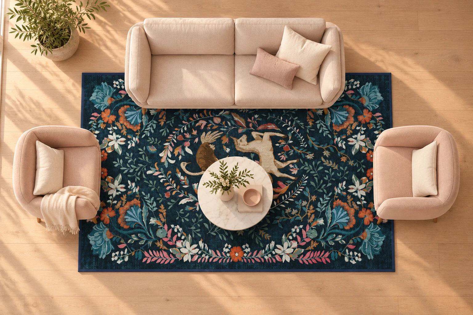 Oturma odası için 6′ × 9′ halı yerleşimi, ≈ 183 × 274 cm. İkili koltuk, iki tekli koltuk ve küçük yuvarlak sehpa için kompakt yerleşim. Halı koltukların ön kenarlarına girer ve oturma grubunun merkezini kaplar.