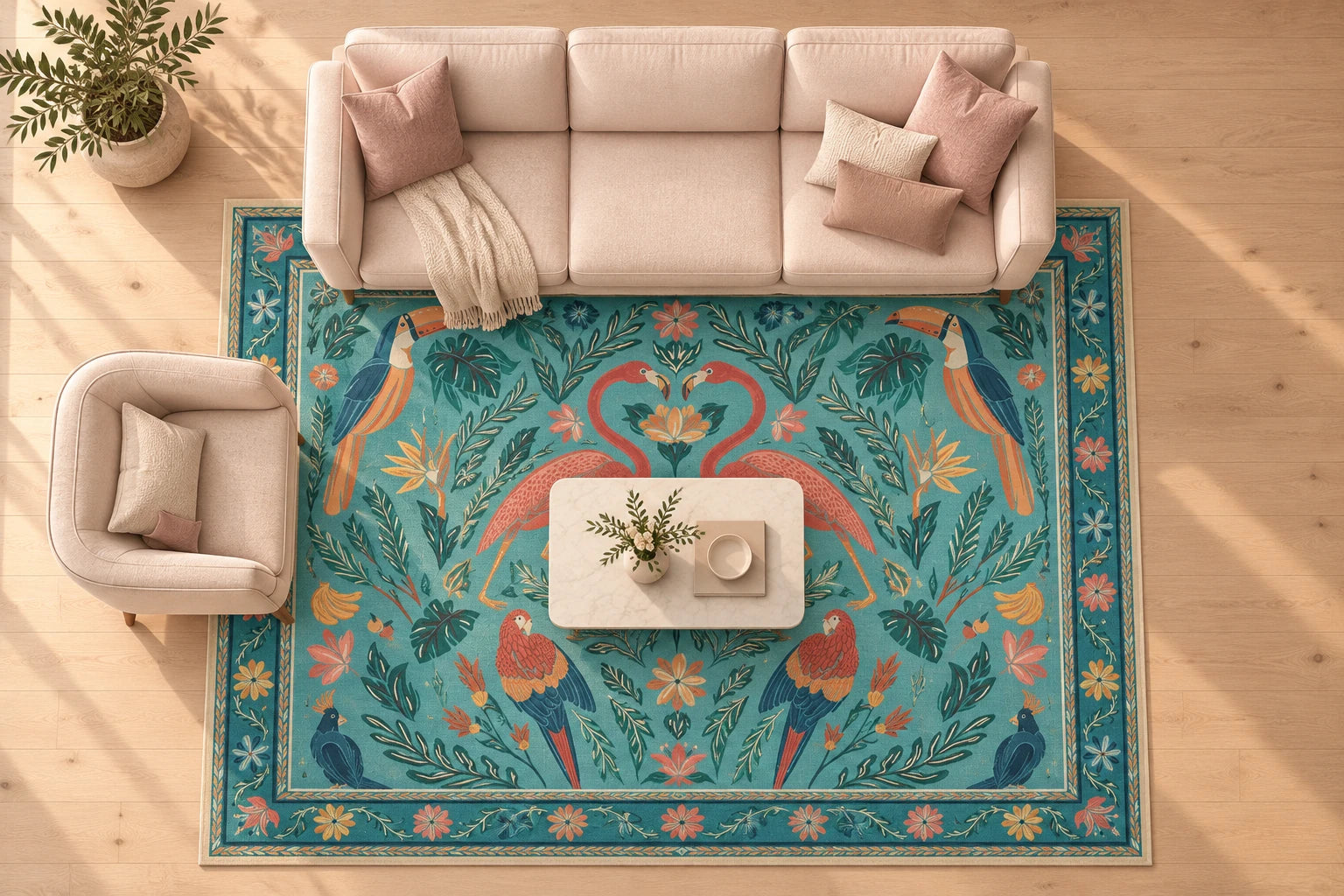 Oturma odası için 8′ × 10′ halı yerleşimi, ≈ 244 × 305 cm. Üçlü koltuk ve soldaki tekli koltuk halının üst ve yan kenarlarına gelir. Dikdörtgen sehpa tamamen halının üzerindedir. Halı, bu iki mobilyanın oluşturduğu oturma alanını tanımlar.