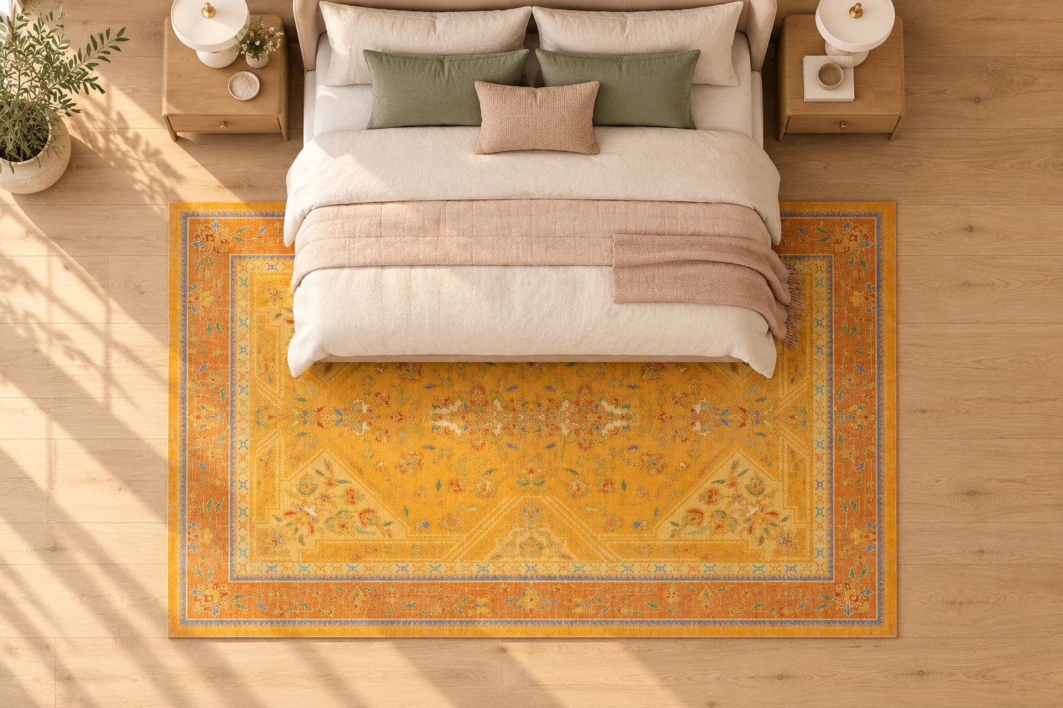 Yatak odası için 5′ × 7′ halı yerleşimi, ≈ 152 × 213 cm. Halı yatağın alt bölümüne girer ve ayak ucunda görünür. Komodinler halının dışında kalır. Bu kart yatağın tamamını çevrelemeyen küçük halı örneğidir.