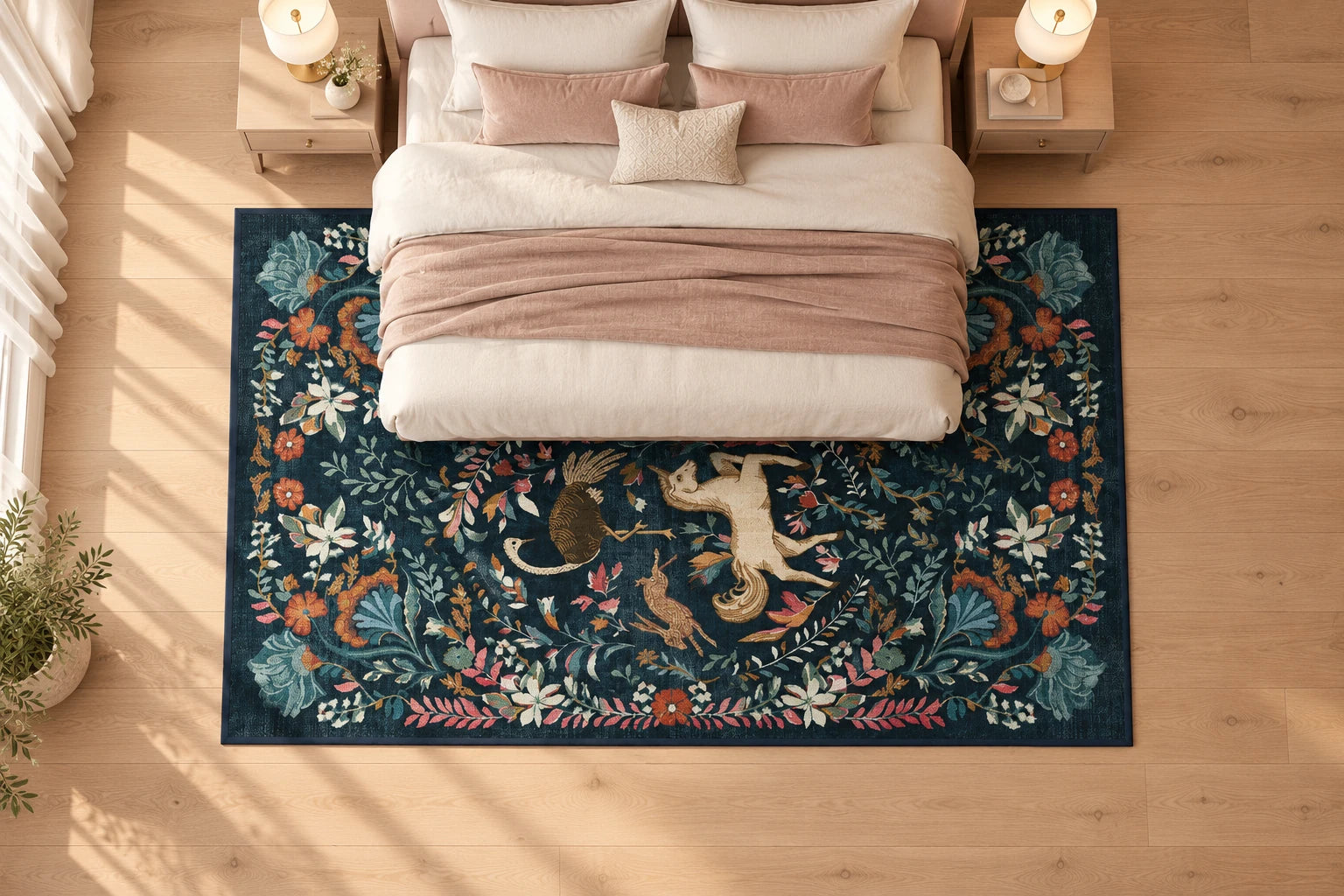 Yatak odası için 6′ × 9′ halı yerleşimi, ≈ 183 × 274 cm. Halı yatağın alt bölümüne girerken iki yanda ve ayak ucunda açık yüzey bırakır. Komodinler halının üst kenarının dışında kalır.