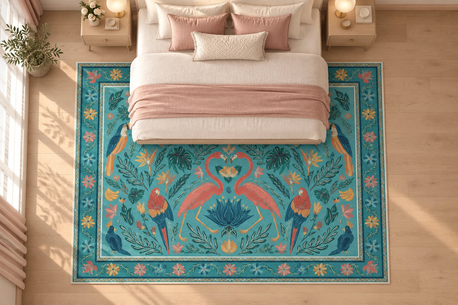 Yatak odası için 8′ × 10′ halı yerleşimi, ≈ 244 × 305 cm. Geniş halı yatağın altında uzanır; iki yanda ve ayak ucunda belirgin halı payı görünür. Üst kenar komodin hizasının altında başlar.