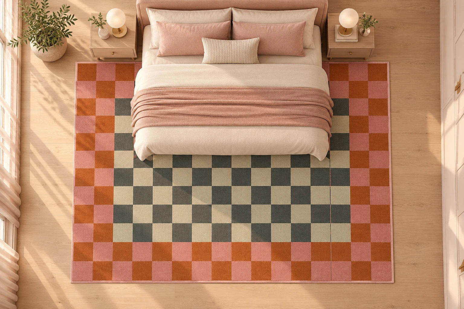 Yatak odası için 9′ × 12′ halı yerleşimi, ≈ 274 × 366 cm. Bu grup içindeki en geniş yatak odası halısıdır. Kaynak çizimde üst kenar komodin bölgesine kadar ulaşır; iki yanda ve ayak ucunda geniş alan bırakır.