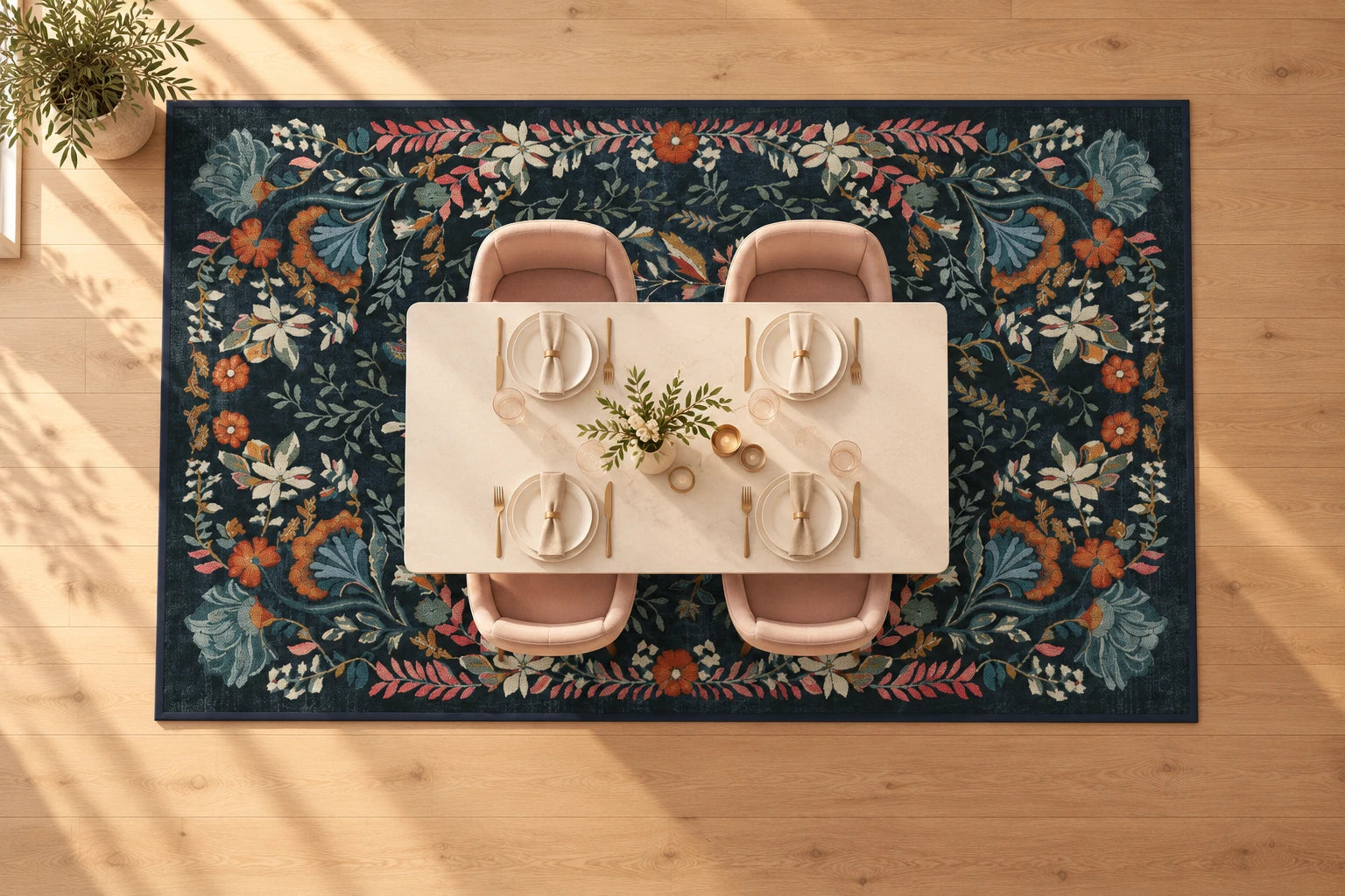 Yemek odası için 6′ × 9′ halı yerleşimi, ≈ 183 × 274 cm. Dört kişilik dikdörtgen masa ve dört sandalye halı üzerinde toplanır. Masa çevresinde görünen halı bordürü yemek alanının sınırını anlatır.