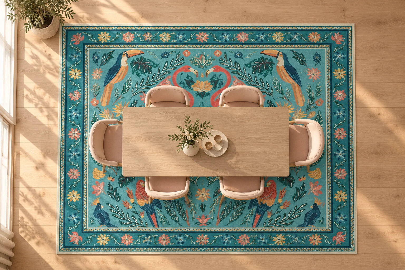 Yemek odası için 8′ × 10′ halı yerleşimi, ≈ 244 × 305 cm. Altı kişilik masanın iki uzun yanında ikişer, kısa uçlarında birer sandalye bulunur. Halı bütün sandalye yerleşimini çevreler.