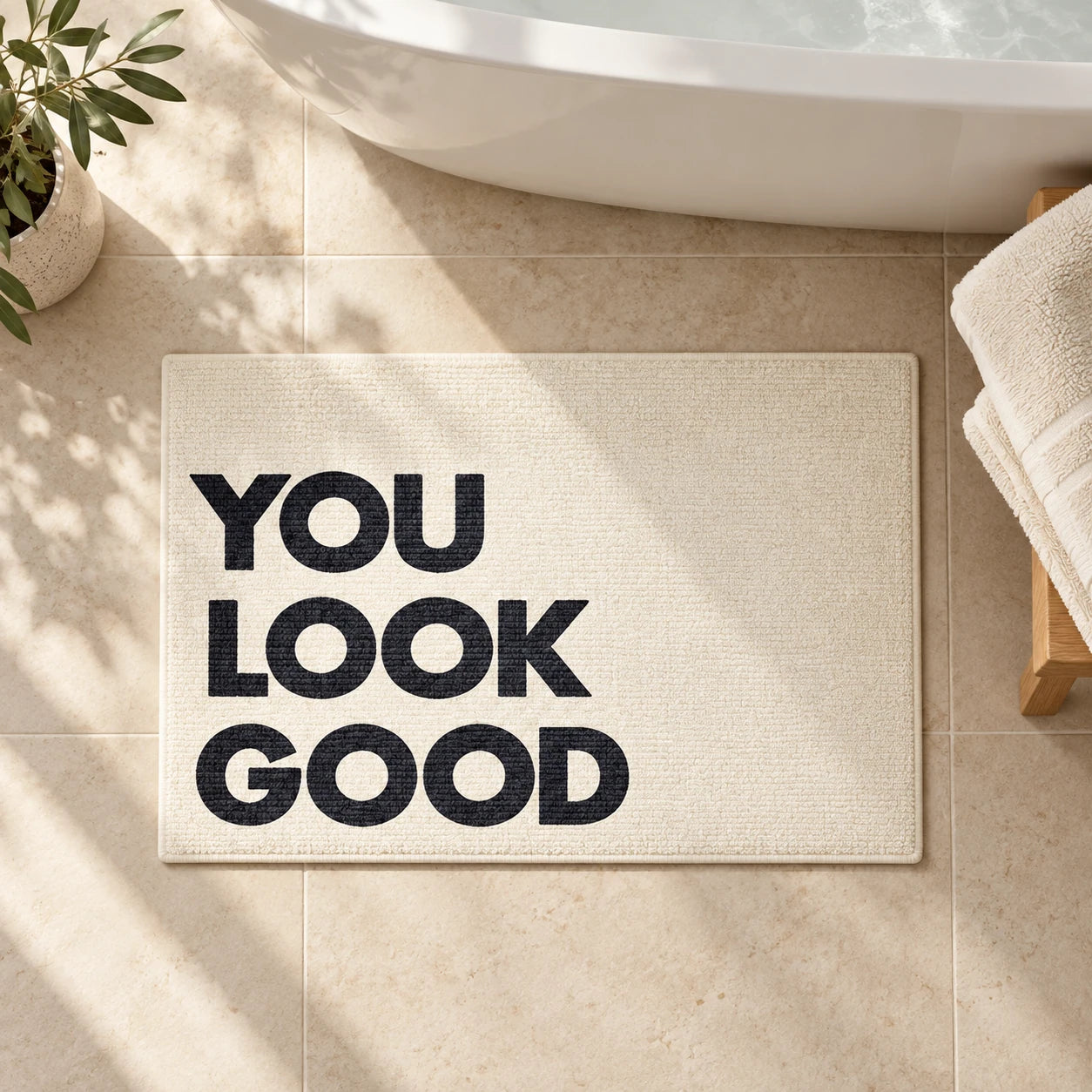 Sıcak ışıklı sade banyoda YOU LOOK GOOD yazılı krem banyo paspası